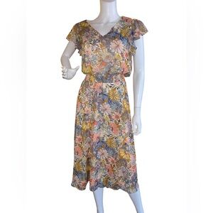 My Street Orange and Blue Flutter Sleeve Midi Dress